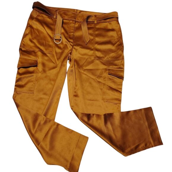 Chico's Copper Gold Satin Belted Tapered Leg Carpenter Type Pants Size L / 12 .. - Picture 3 of 15